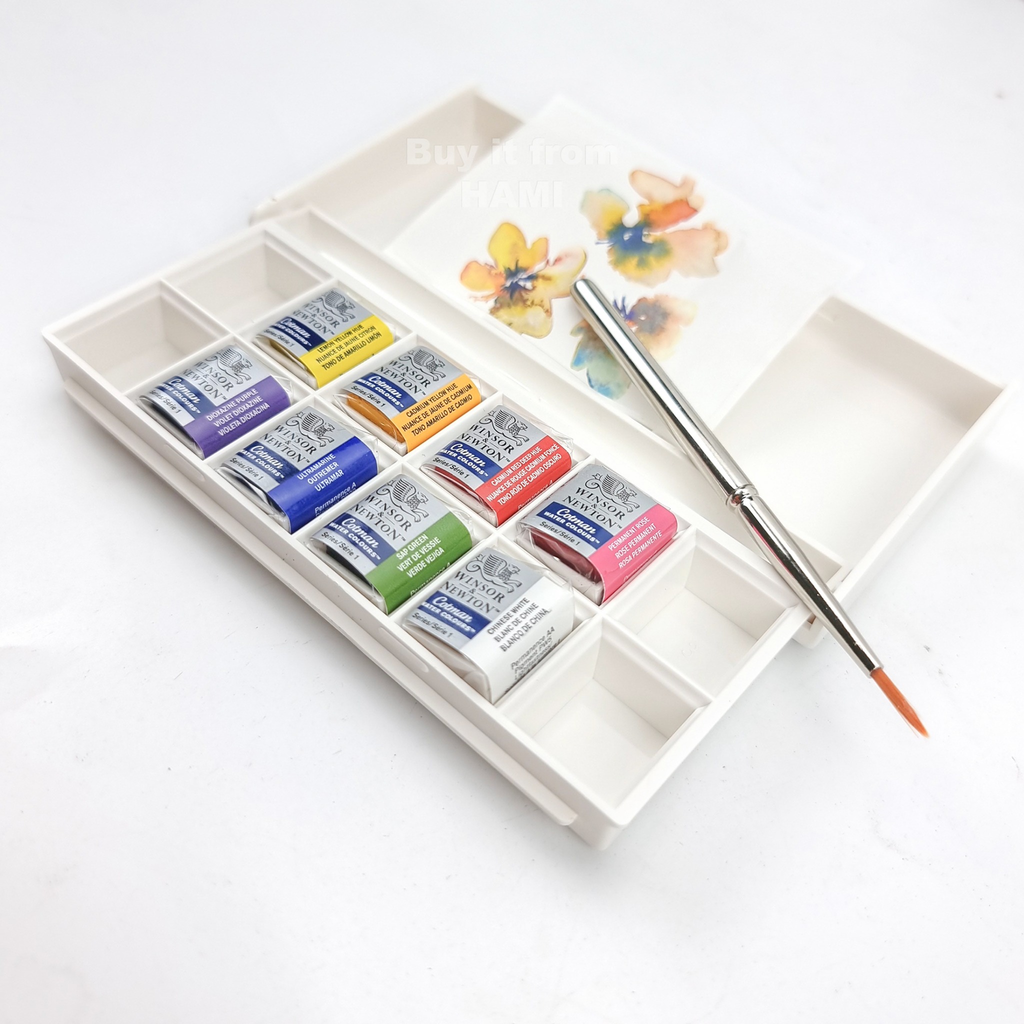 Watercolor Winsor & Newton set 8 colors half-pan included brush-floral pocket set