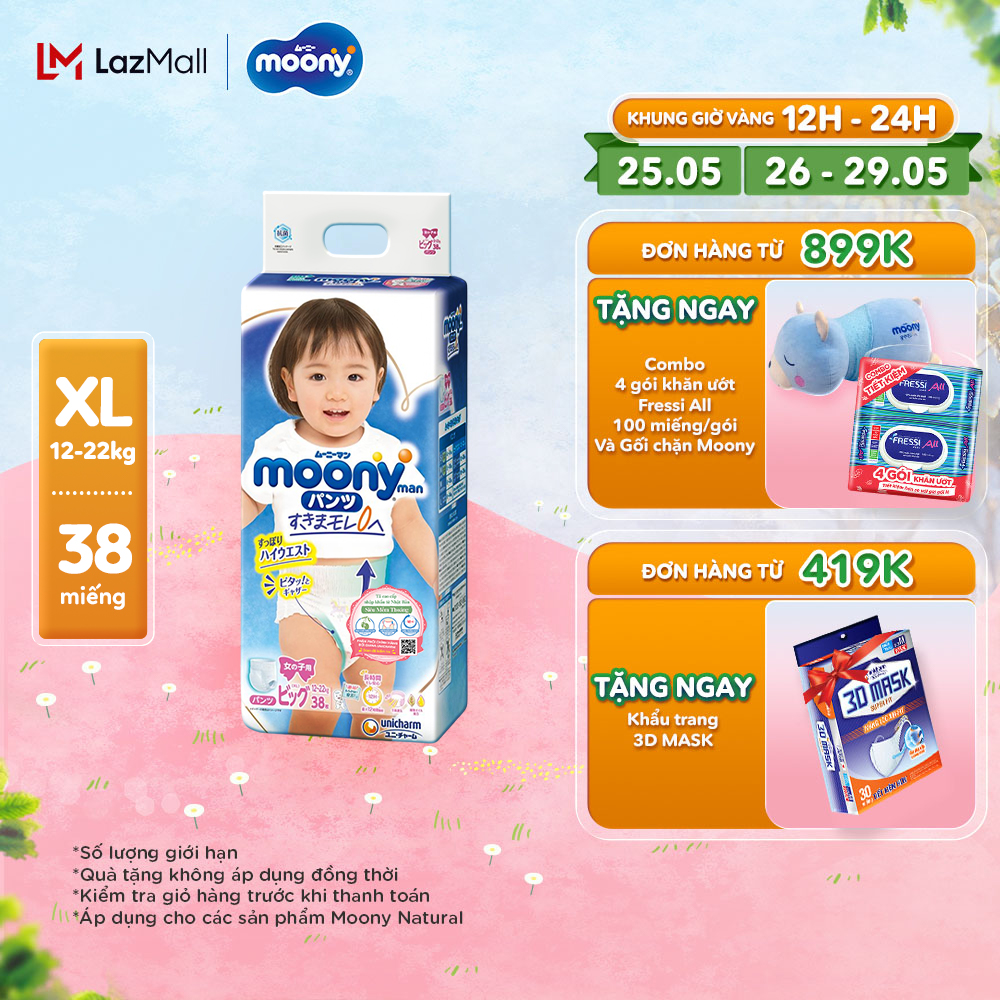 [Voucher 8%] Tã/Bỉm quần cao cấp Moony size XL 38 miếng (12 - 22kg) dành cho bé gái