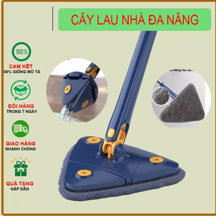 Cây lau nhà tam giác, Chổi lau kính lau trần xoay 360 độ đa năng tiện dụng tự vắt thông minh