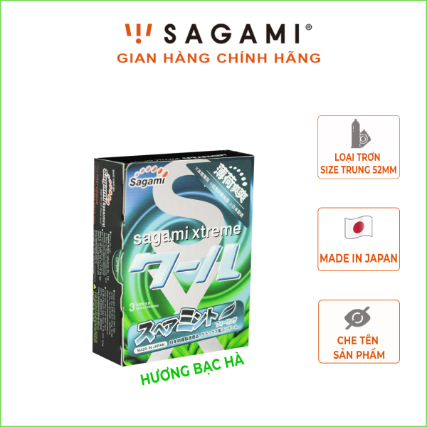 Bao cao su Sagami Xtreme Spearmint (hộp 3 chiếc) - Bao cao su nam hương Bạc Hà giúp kéo dài thời gian, chống xuất tinh sớm nhập khẩu