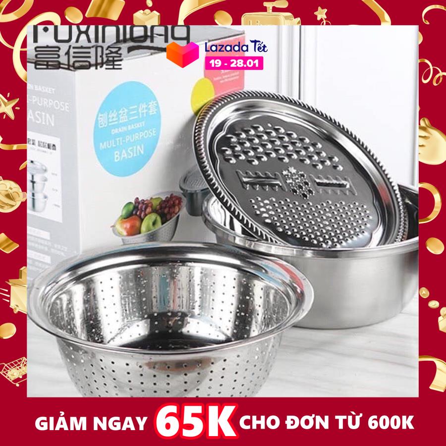 Bộ bào nạo rau củ kiêm rổ và chậu Inox Cao cấp đa năng
