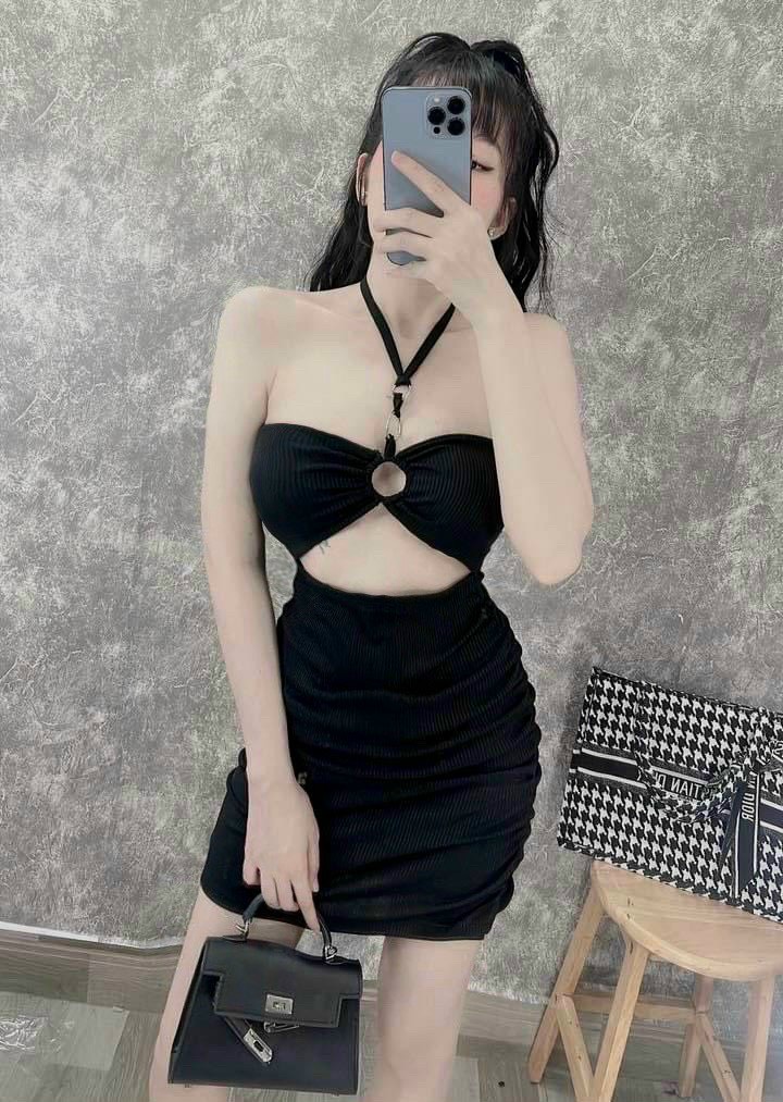 Đầm yếm body đeo khoen cổ hở eo sexy chất gân có mút