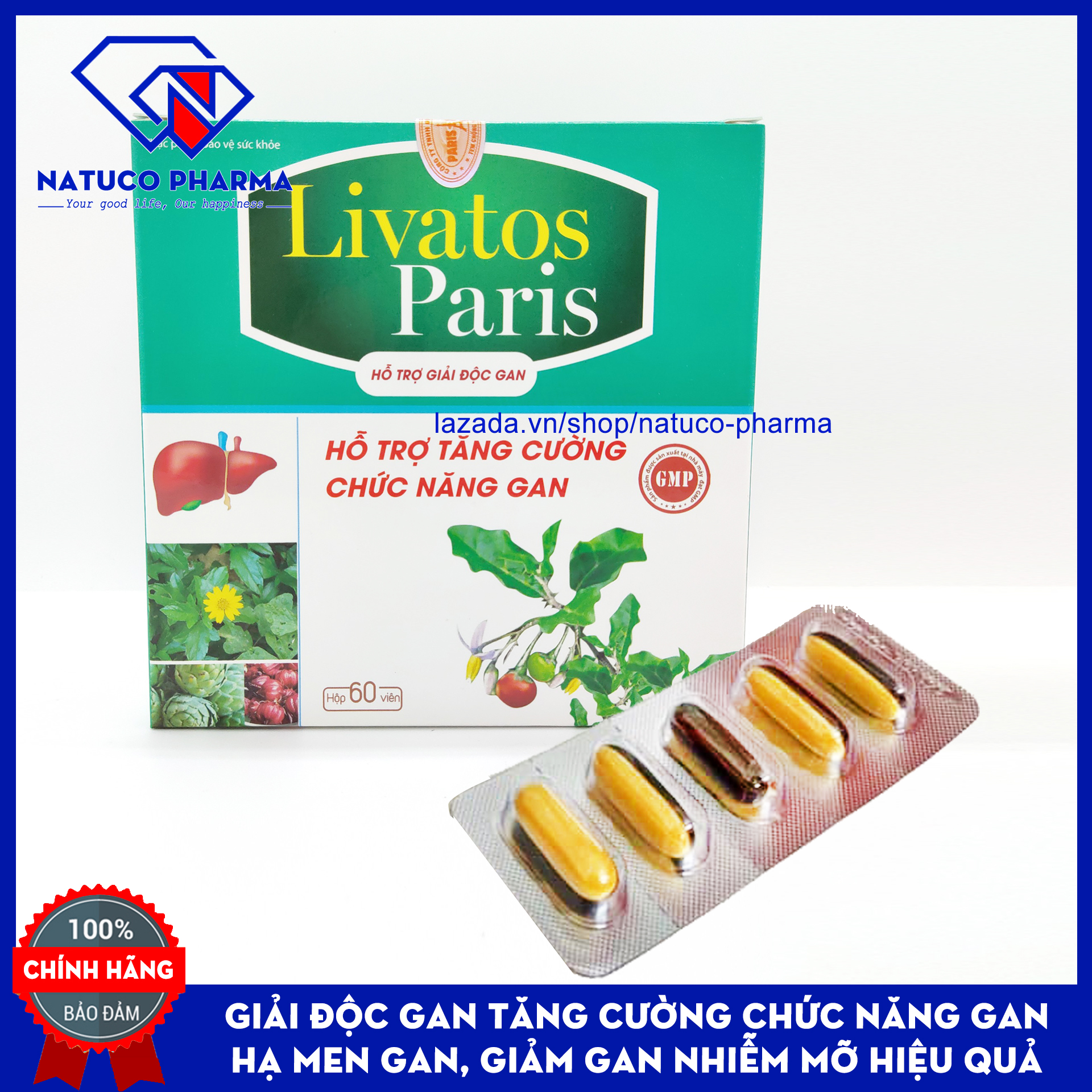Viên uống Livatos -Paris - Giải độc gan, Tăng cường chức năng gan, hạ men gan, giảm gan nhiễm mỡ hiệu quả an toàn từ thảo dược- Hộp 60 viên - Chuẩn GMP