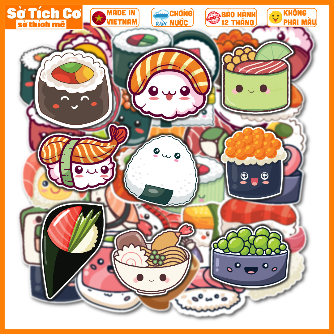 Bộ 50 Sticker Sushi dán điện thoại, laptop, nón bảo hiểm, guitar, vali MSP: F02