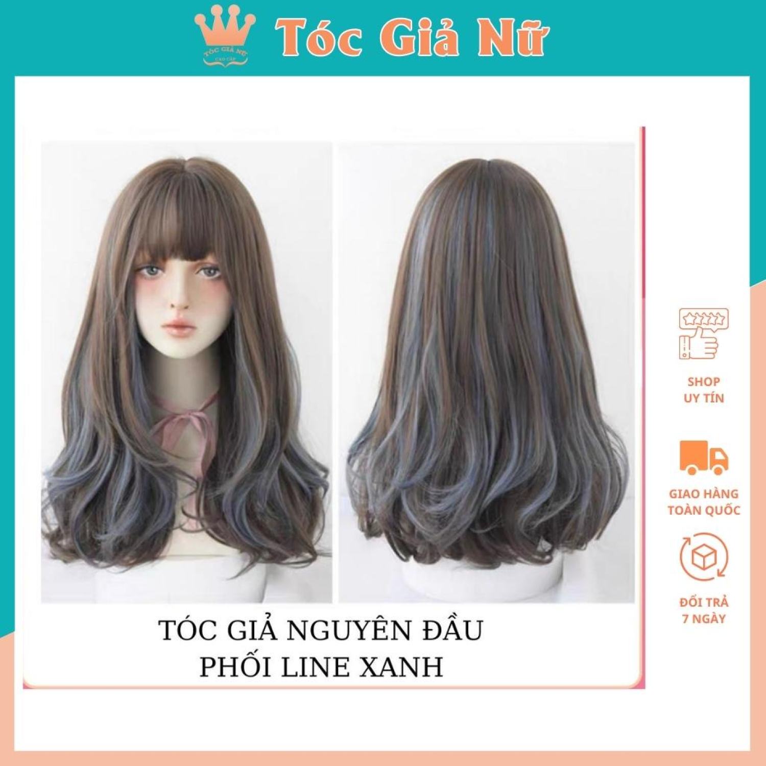 Tóc giả nguyên đầu xoăn nhẹ phối line xanh