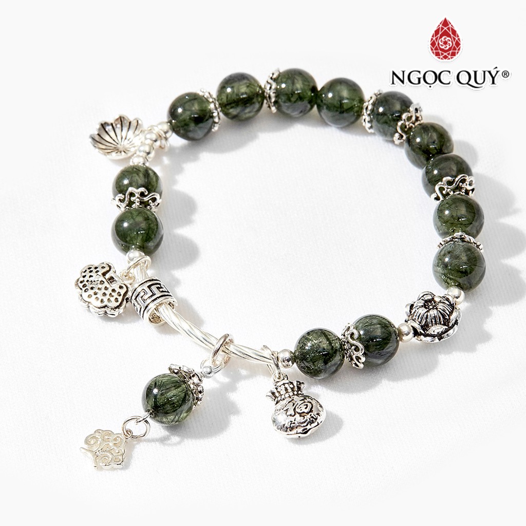 Vòng tay thạch anh tóc xanh phối charm hoa sen hạt 8mm - ngọc quý