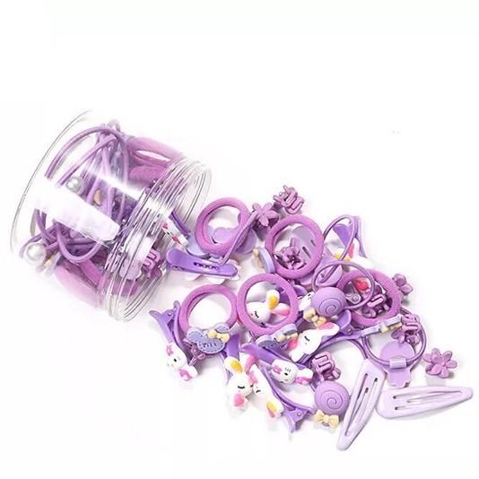 Hộp 50 dây buộc tóc + kẹp tóc đính nơ dễ thương cho bé (hộp nhựa tròn, giao màu ngẫu nhiên)