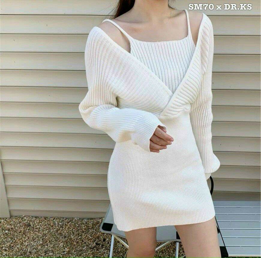 Đầm ôm cổ v gân đũa siêu xịn