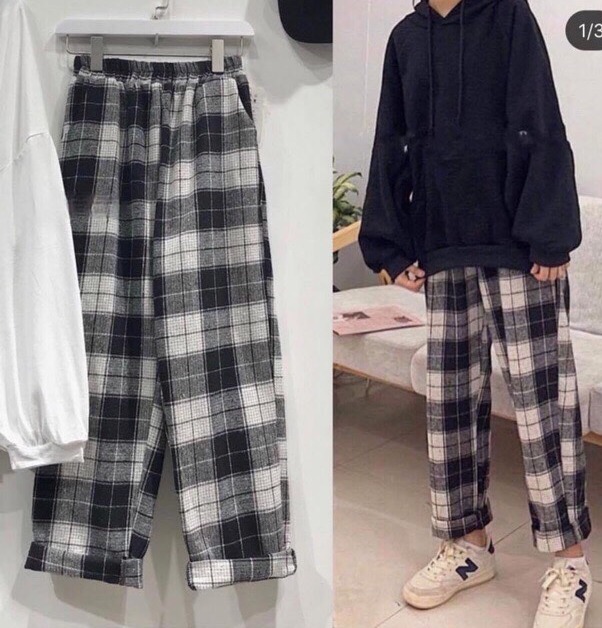 [ SIÊU RẺ ] Quần Kẻ Sọc Caro Nâu Đen Ống Rộng Suông Phong Cách Hàn Quốc A1