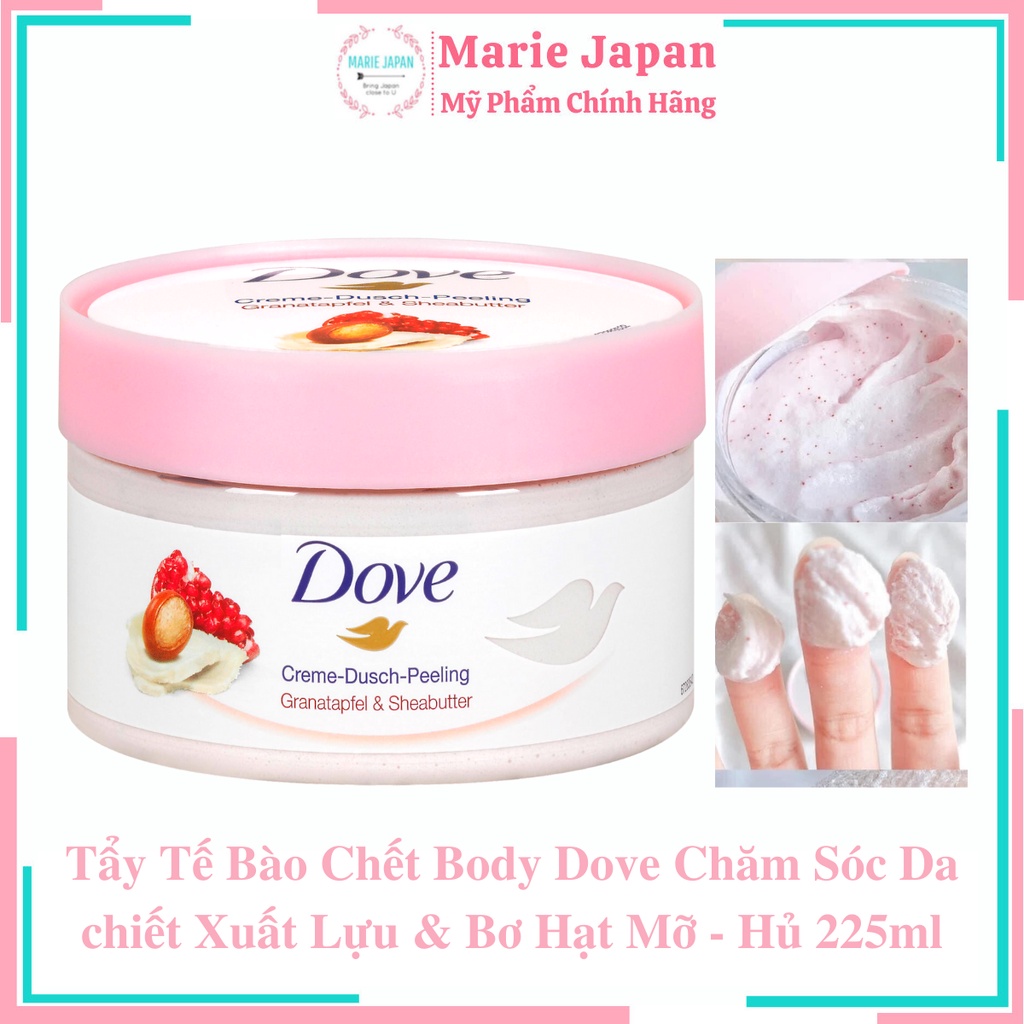 Tẩy Tế Bào Chết Body Dove Chăm Sóc Da Chiết Xuất Lựu & Bơ Hạt Mỡ - Hủ 225ml