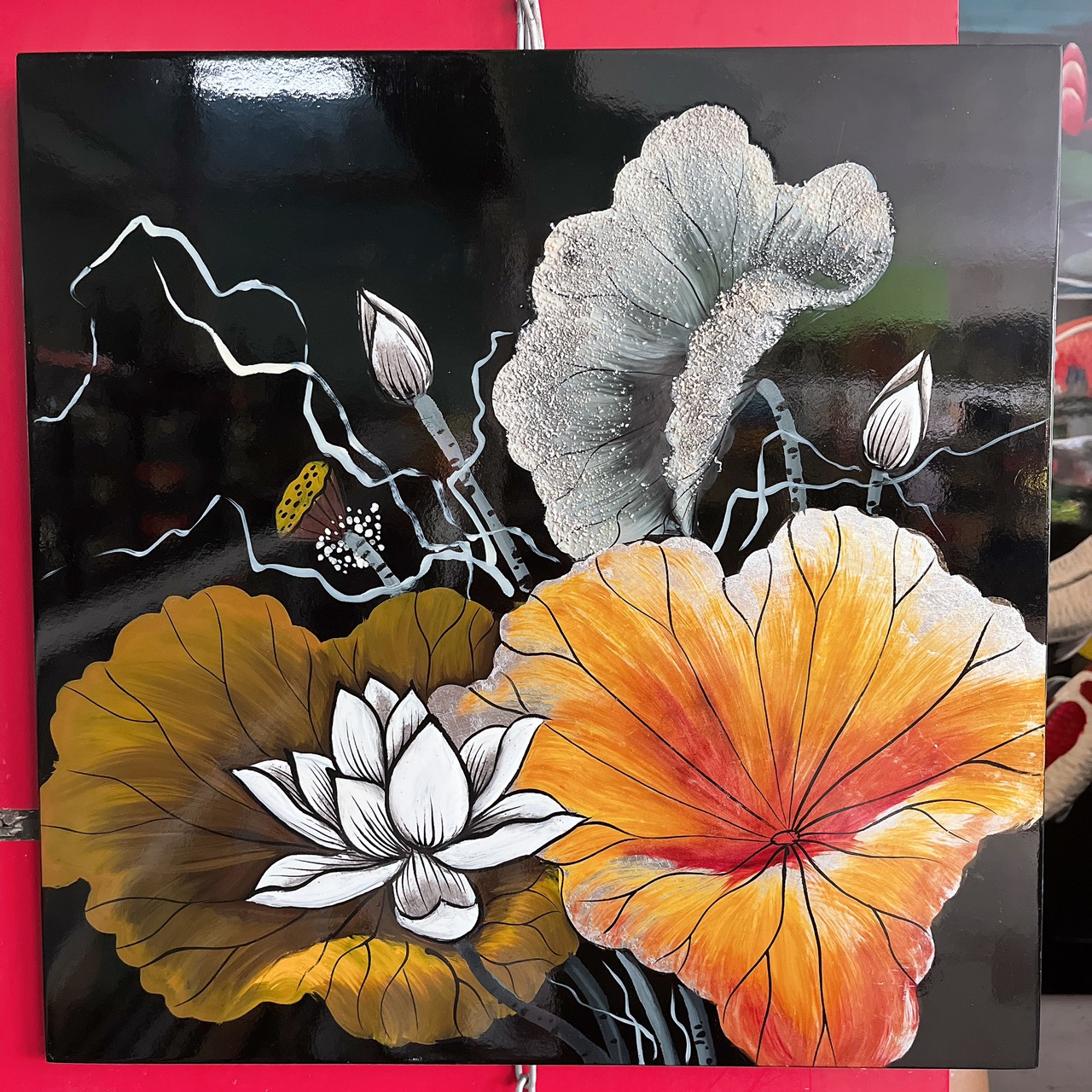( Tặng kèm khung sơn mài ) Tranh sơn mài - HOA SEN- Size 40x40 cm thích hợp trang trí, làm quà tặng ý nghĩa