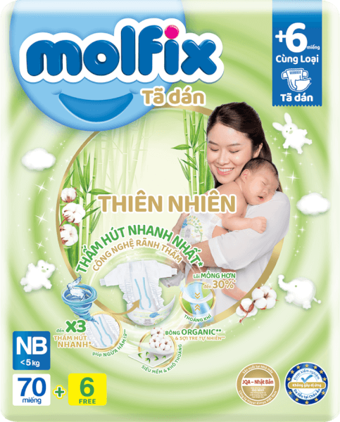 [MẪU MỚI] Bỉm dán thiên nhiên Molfix NB70+6/S80+4/M76+6