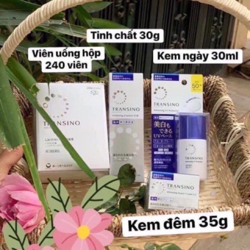 Bộ transino nhật bản - kem dưỡng da ban đêm, kem ngày, tinh chất, transino 240 viên, transino white c clear
