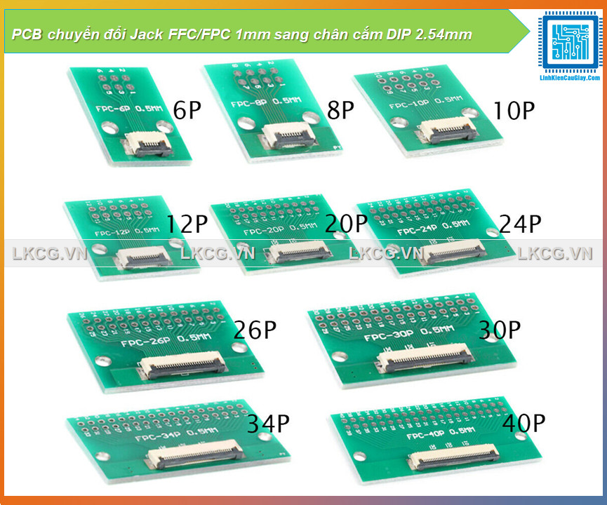 Pcb chuyển đổi jack ffc/fpc 1mm sang chân cắm dip 2.54mm