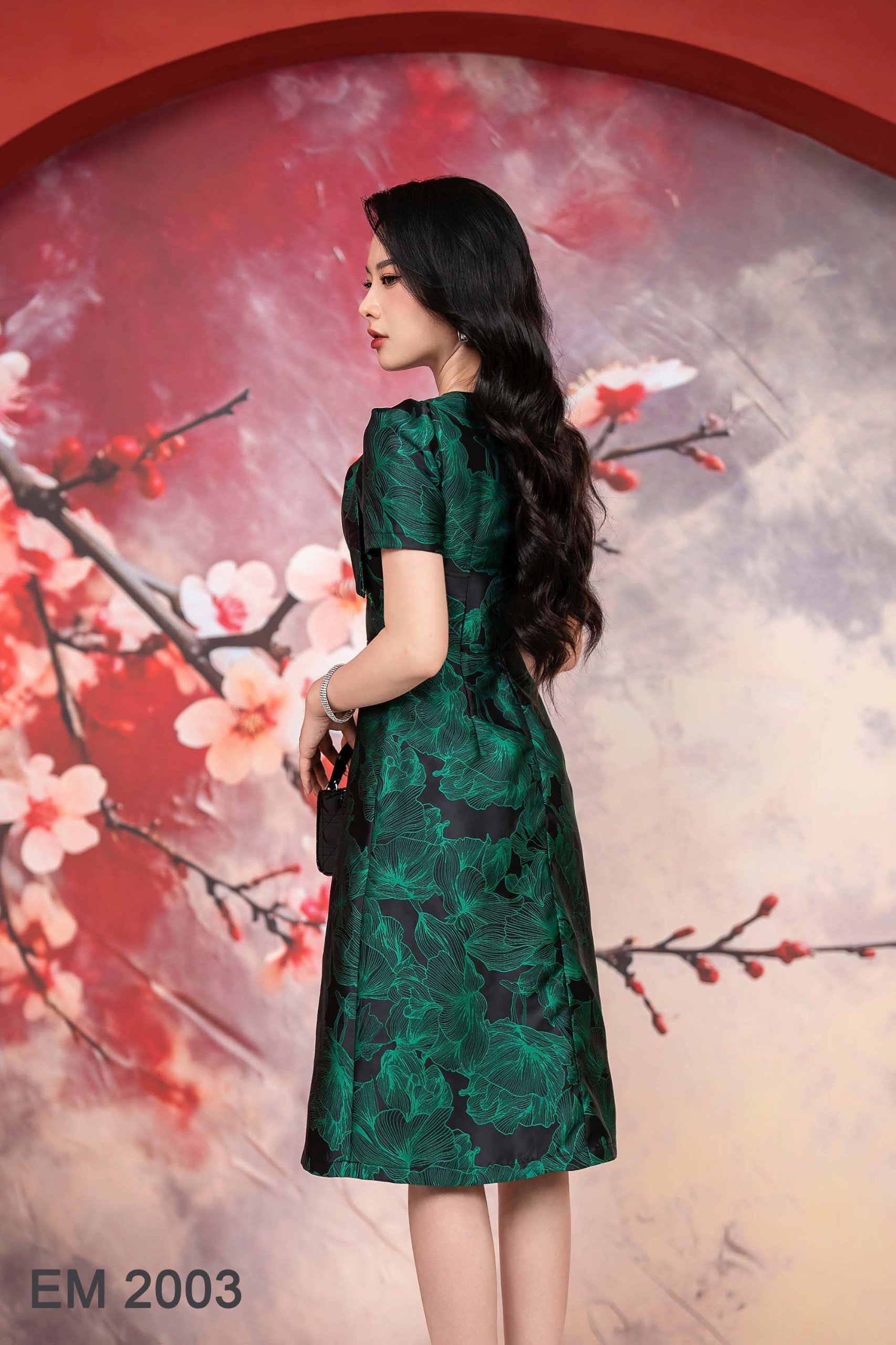 Đầm EMY EM2003 Xoè Gấm Xanh