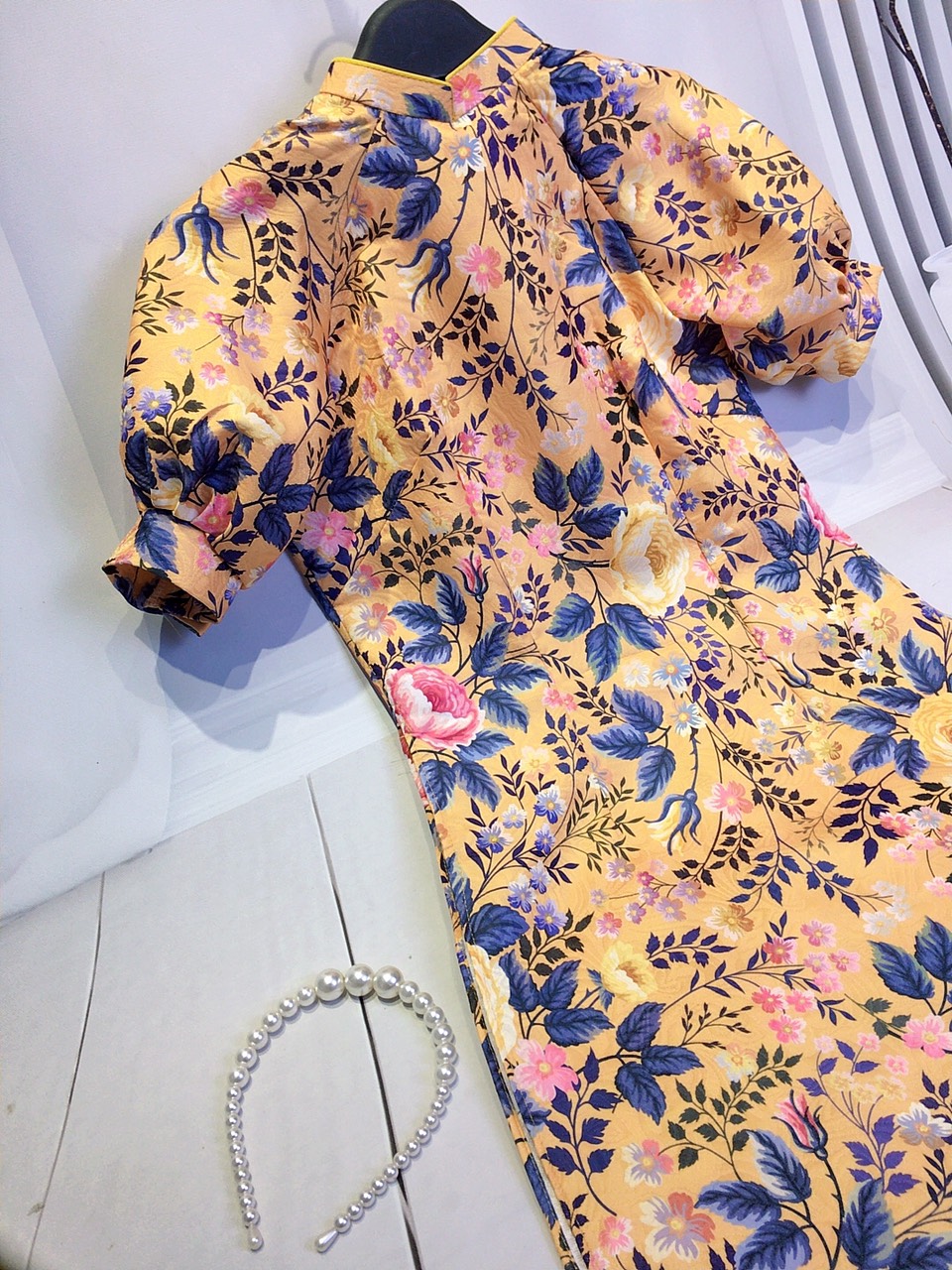(Single Size Available) Modernized Yellow Brocade Ao Dai with Stylized Puffy Sleeves