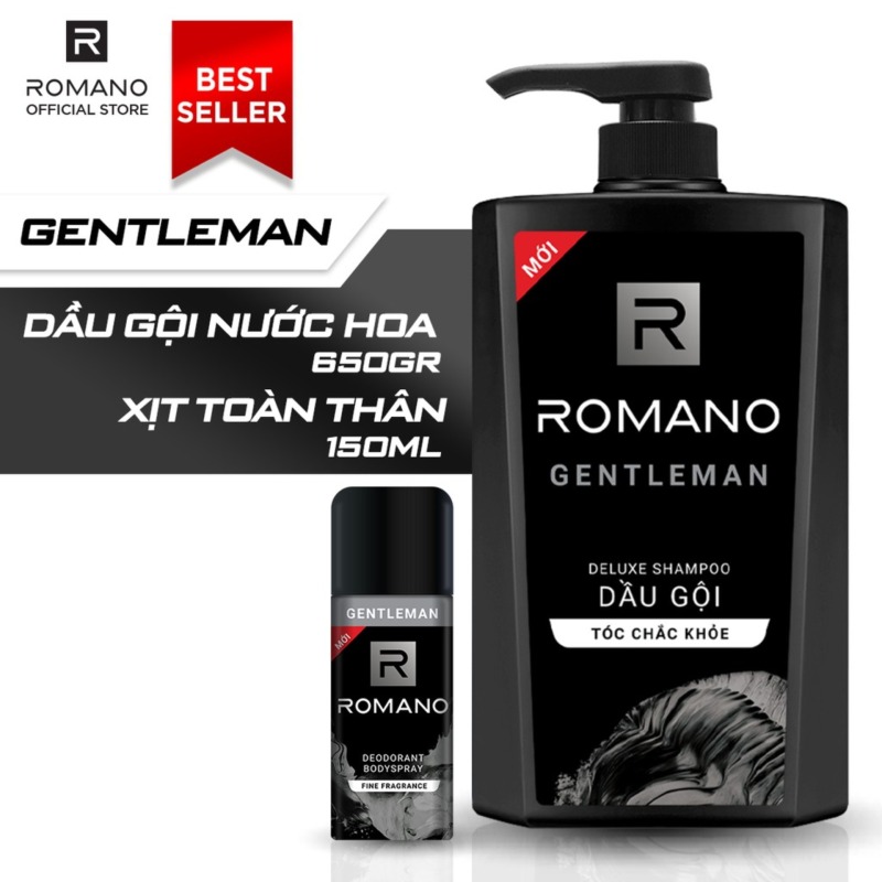 Combo dầu gội nước hoa Romano Gentleman 650gr & xịt toàn thân Gentleman 150ml cao cấp