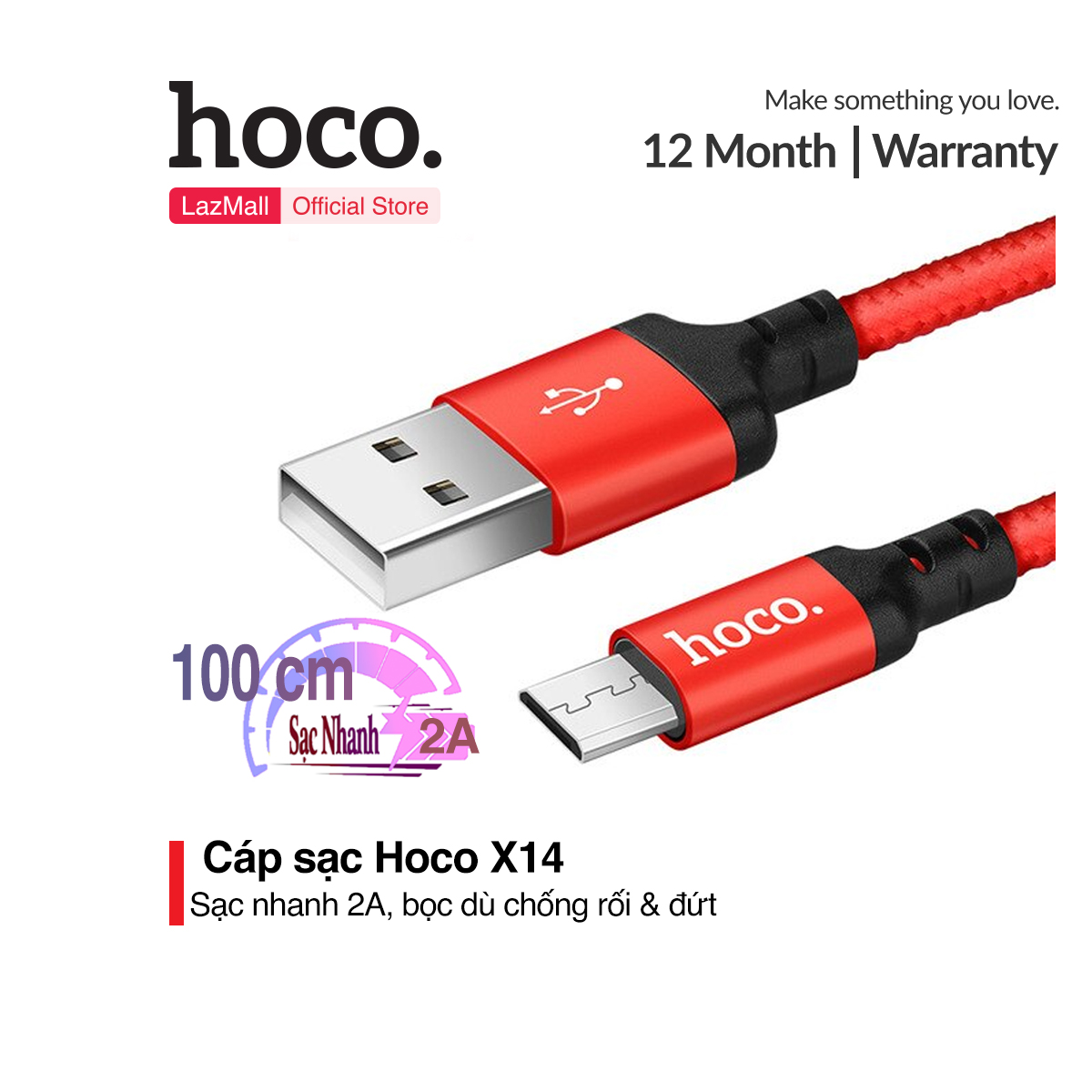 Cáp sạc Micro USB Hoco X14 sạc nhanh 2A MAX dây sạc bọc dù chống rối chống đứt dành cho điện thoại android tương thích với nhiều thiết bị dài 100cm