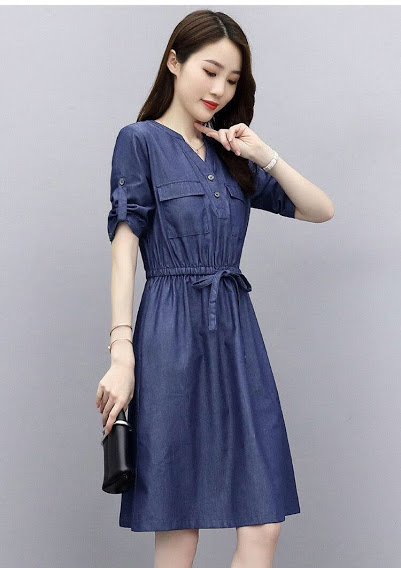 [HCM]ĐẦM JEAN XOÈ EO RÚT CỔ V