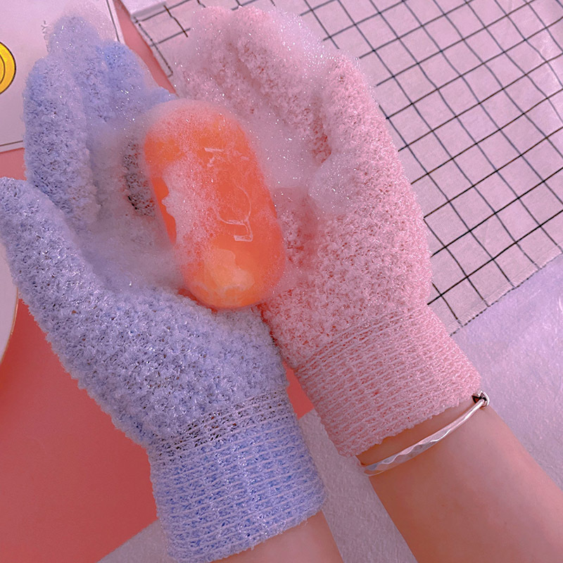 Multicolored exfoliating shower gloves
