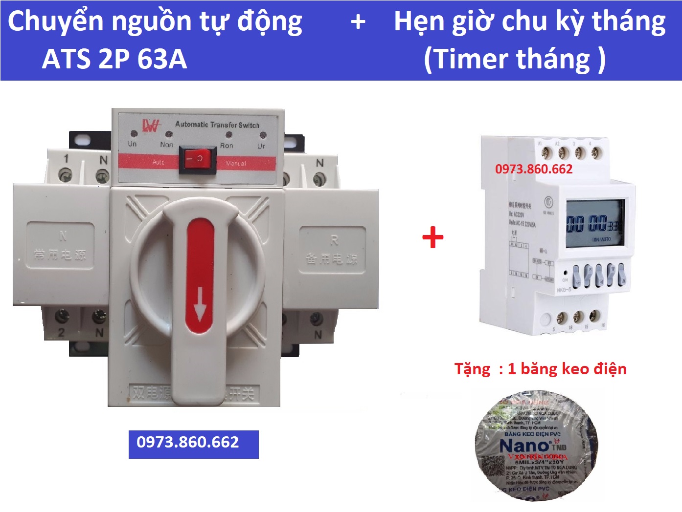 Combo ATS 2P 63A + Công tắc hẹn giờ ( Timer tháng ) (Đấu dây , cài đặt sẵn )