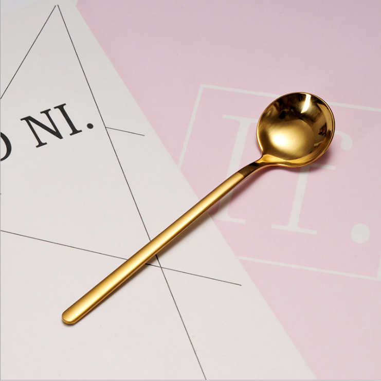 Muỗng cà phê mạ vàng - Thìa inox cán dài 2 kiểu tròn vuông