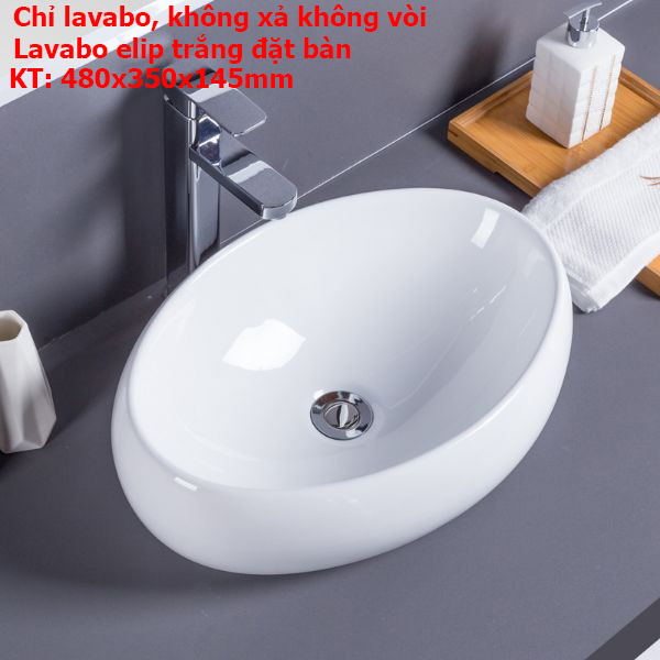 Chậu rửa mặt lavabo đặt bàn đá lb02 elip trắng, men nano trắng sáng chống ố chống bám bẩn