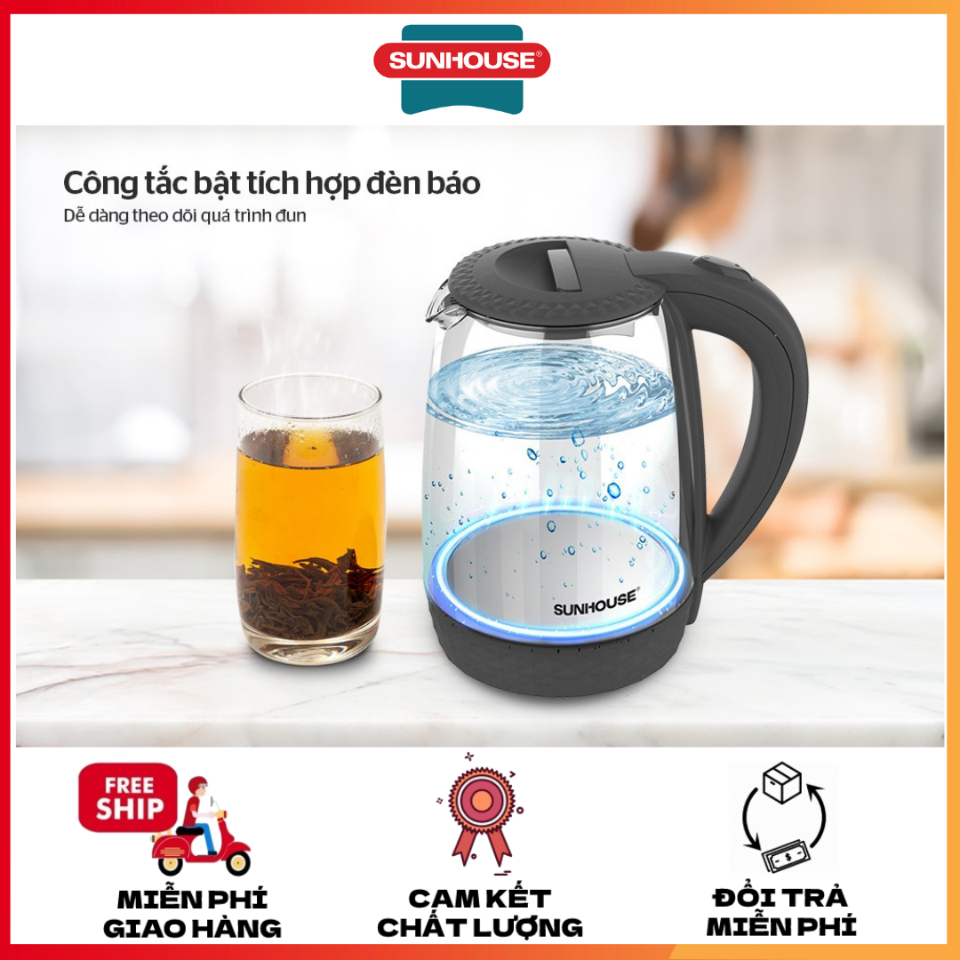 Ấm siêu tốc Sunhouse SHD1215B dung tích 1,8L, công suất 1800W, thân bình thủy tinh chịu nhiệt, an toàn và tiện lợi