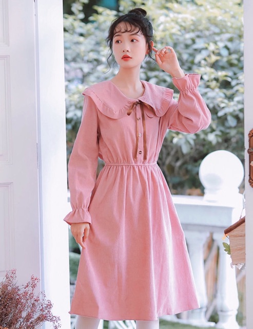 [HCM]Đầm hồng cổ bèo tay dài