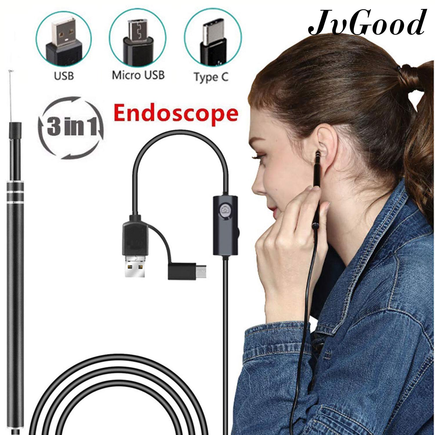 JvGood 3 in 1 USB Ear Cleaning Endoscope HD Visual Ear Spoon Earpick With Mini Camera Borescope Inspection Earwax Remover Cleaner Tool with 6 Adjustable Lights for Smart Phone/Tablet/Windows PC