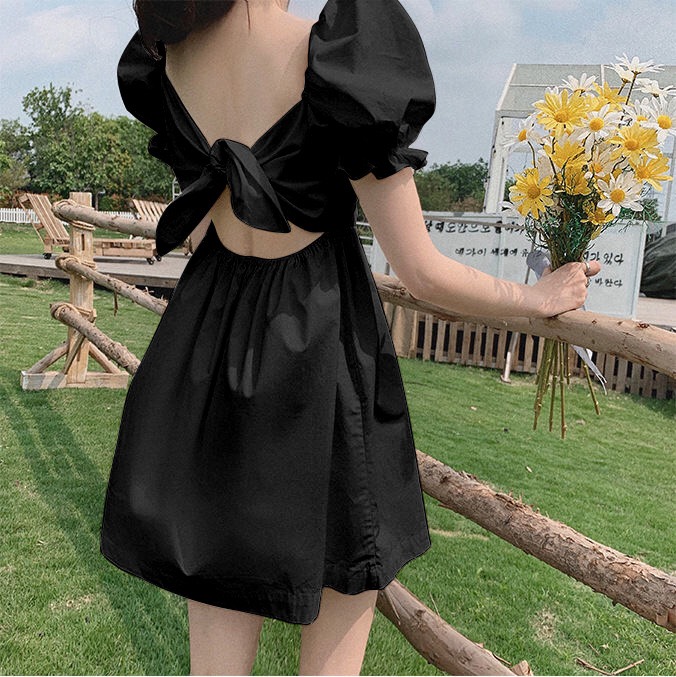 Váy nữ đầm nữ váy tiểu thư đầm tiểu thư thắt nơ lưng tay phồng chiết eo dáng xòe V01T