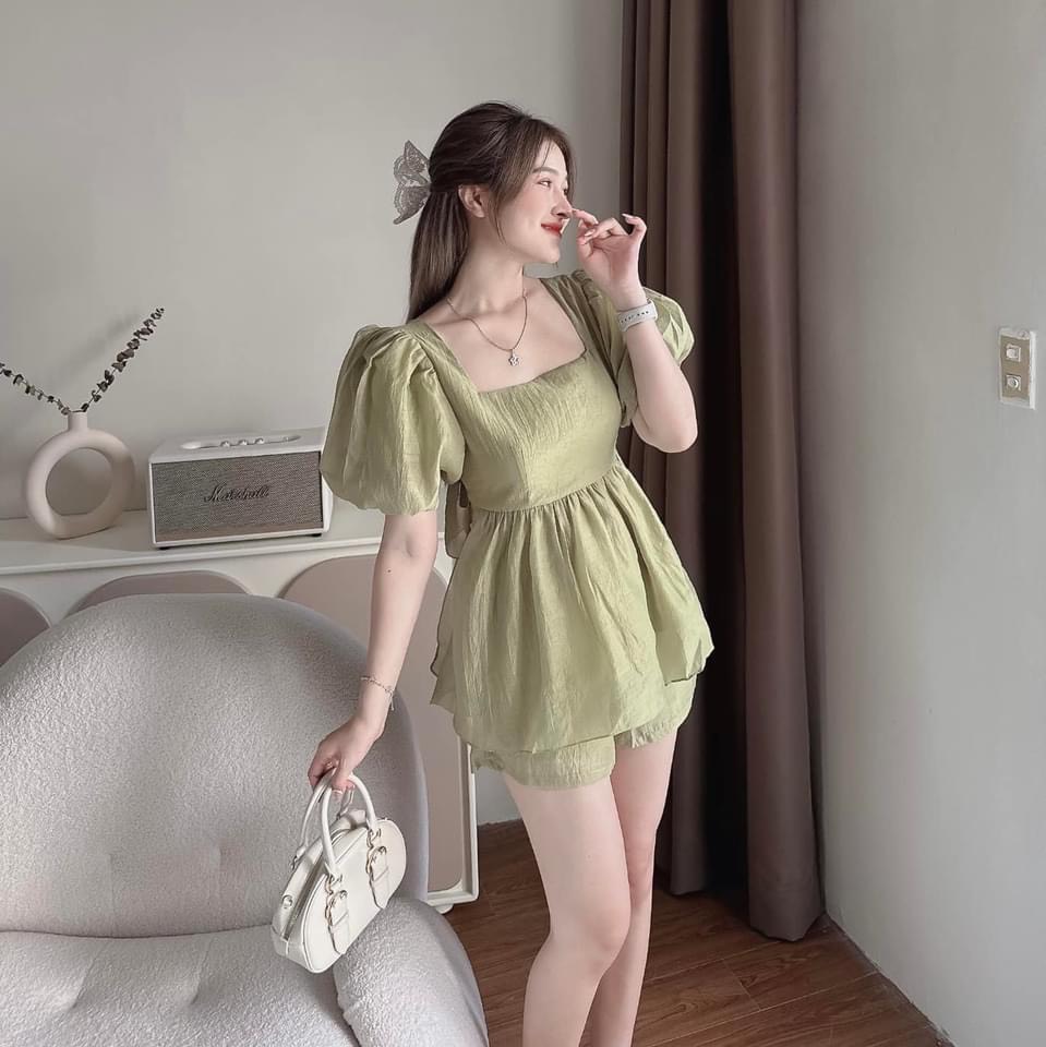 Set voan mềm mại mùa hè áo kiểu babydoll cột nơ cổ vuông, đồ bộ mặc nhà vải voan mát mẻ y hình