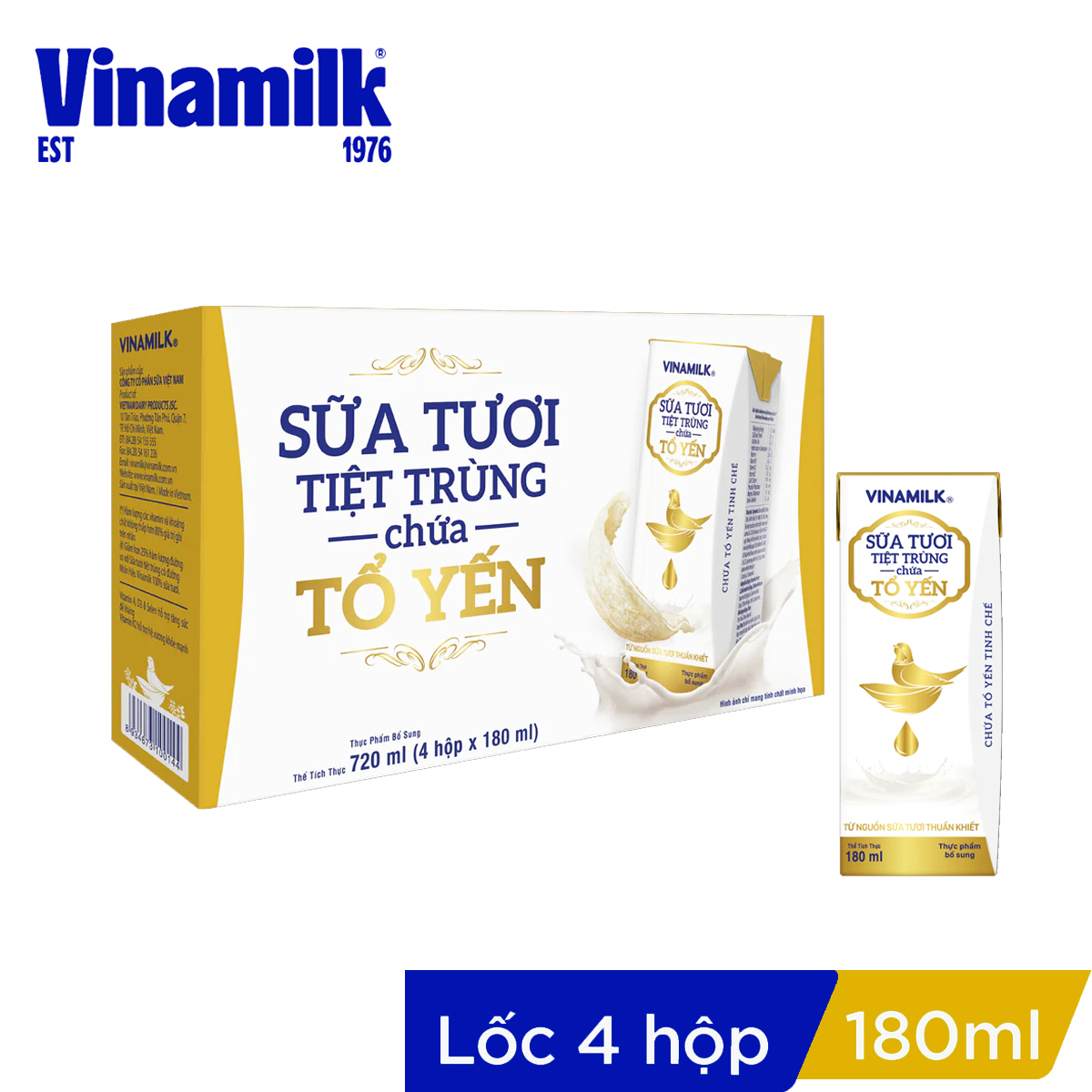 Lốc 4 hộp sữa tươi tiệt trùng chứa tổ yến vinamilk 180ml