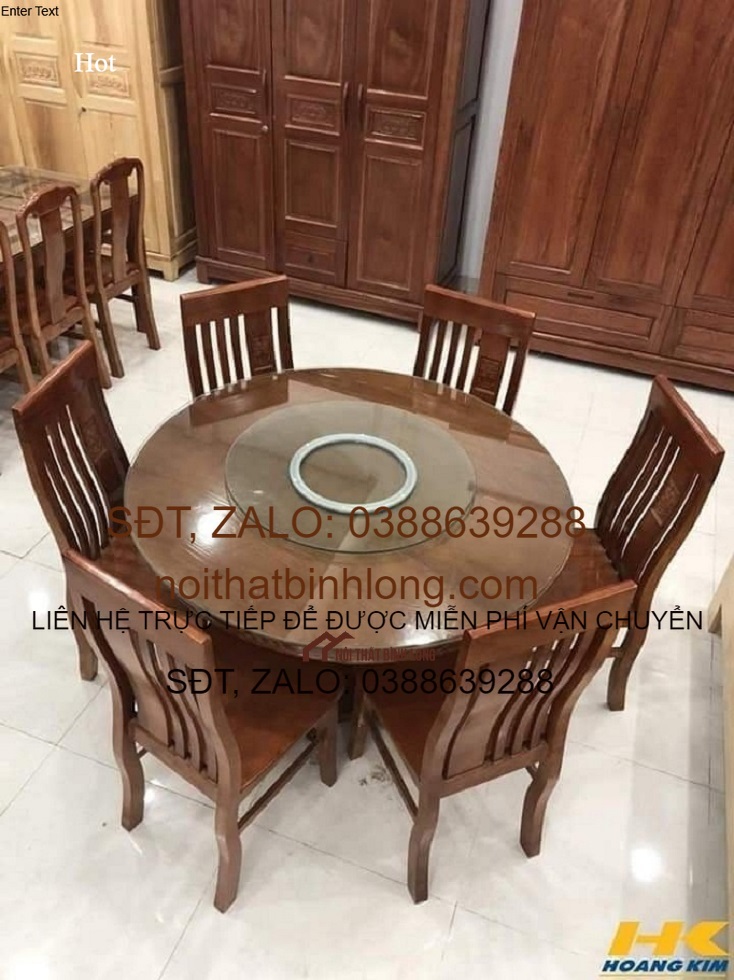 bộ bàn ghế ăn bàn tròn kính xoay 6 ghế gỗ sồi nga