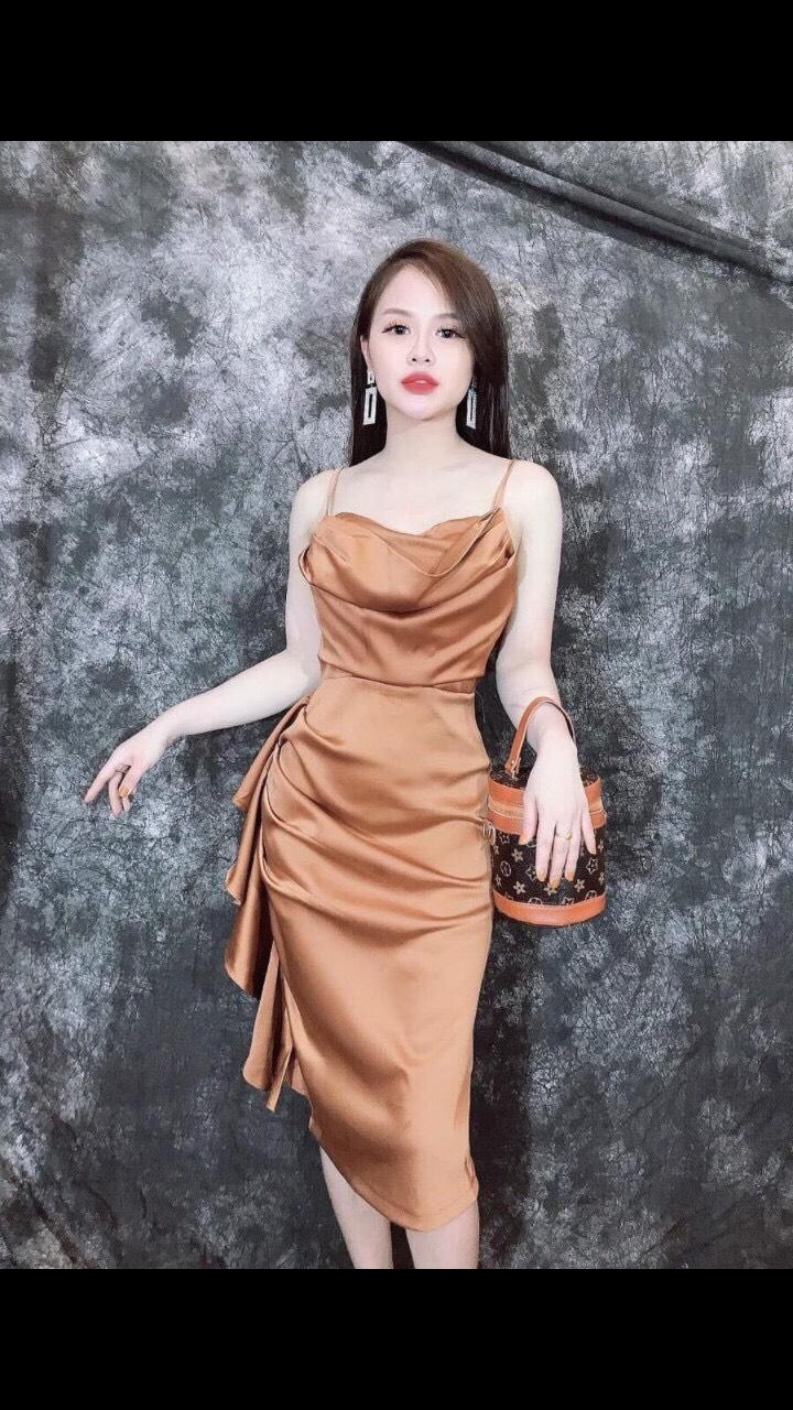 Đầm phi lụa cổ đỗ tà bèo - hàng thiết kế chuẩn shop