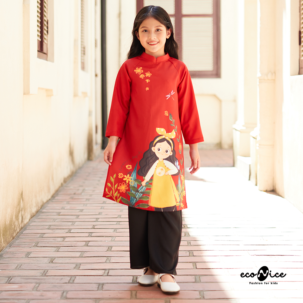 Áo dài tết cách tân màu đỏ họa tiết cho bé gái bé trai econice ad009 size váy  trẻ em 3 4 5 6 7 8 9 11 12 tuổi