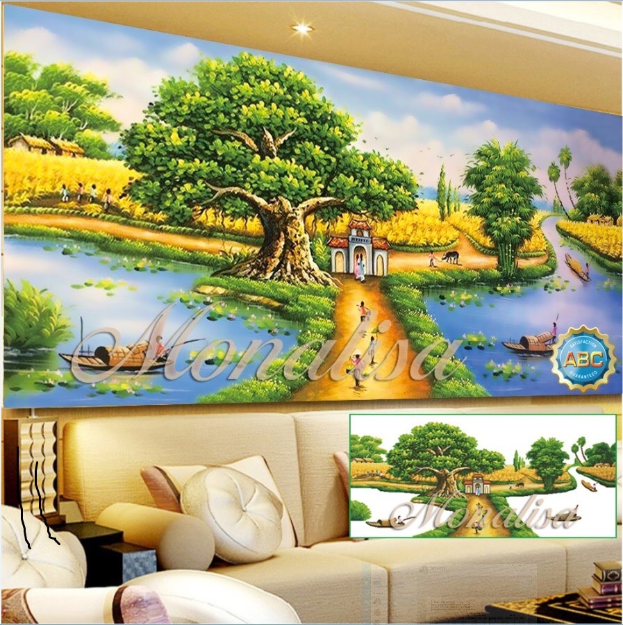Tranh đính đá phong cảnh làng quê 120x65cm