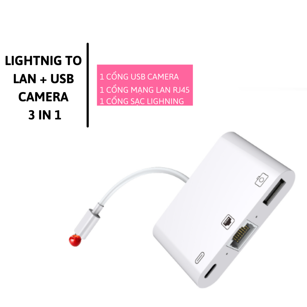 Đầu chuyển đổi lightning 3 in 1 to lan, usb, lightning cho iPhone iPad