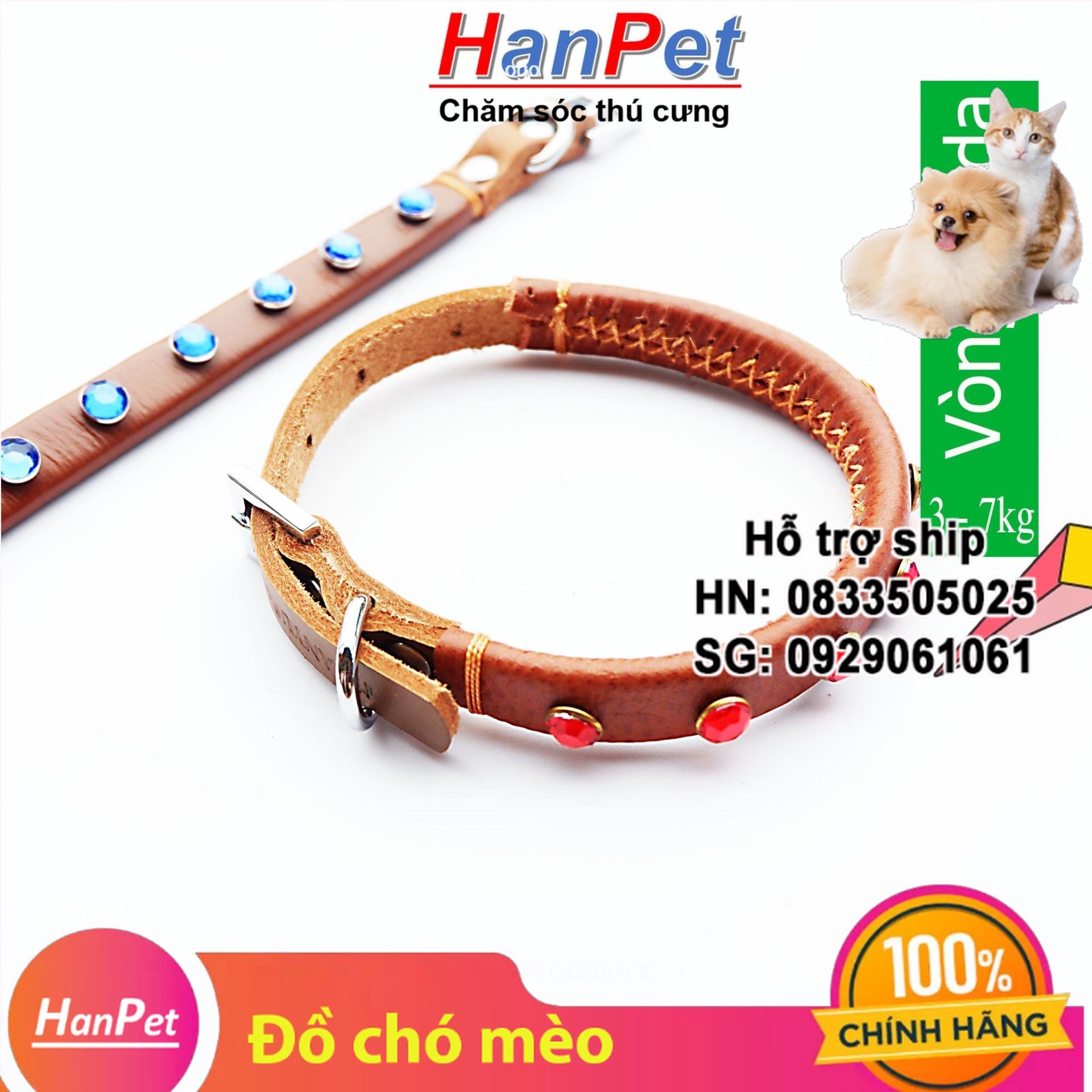 Hanpet - vòng cổ da bò thật 100% đính đá cho chó mèo từ 3-7kg
