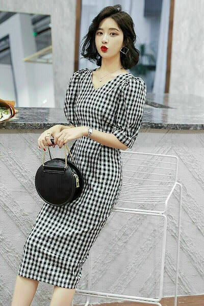 [HCM]ĐẦM CARO EO THẮT NƠ CỔ V TAY PHỒNG