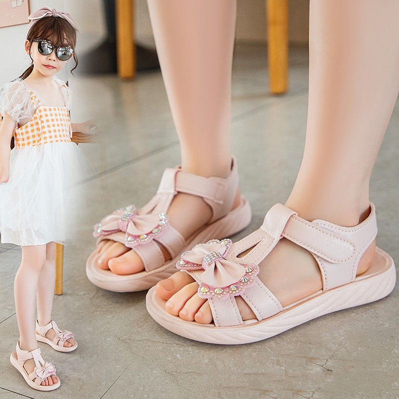 Baby girls sandal 2-13 age horizontal straps ultra-light Đế soft anti-slip soles attached bow applique rock style korean D36