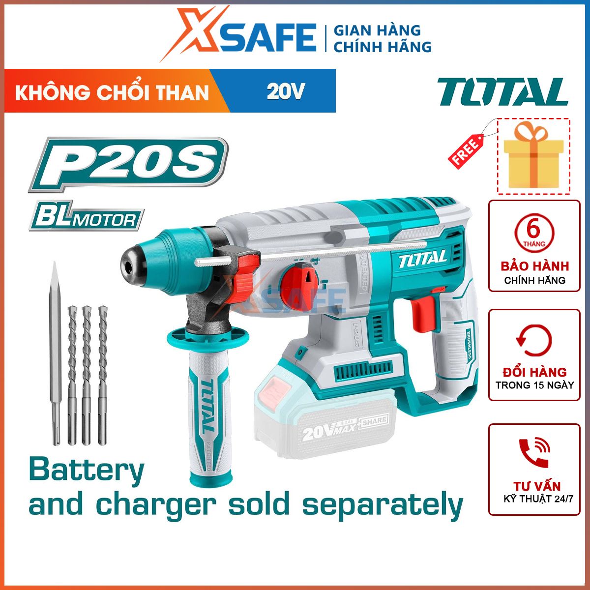 Drill battery đục concrete Total TRHLI20228 20V-driven brushless, tuck the SDS, maximum drilling 26mm, not included battery and charger-genuine-xsafe