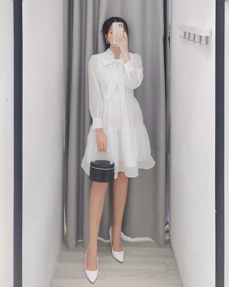 Đầm váy trắng tầng nơ cổ tay dài