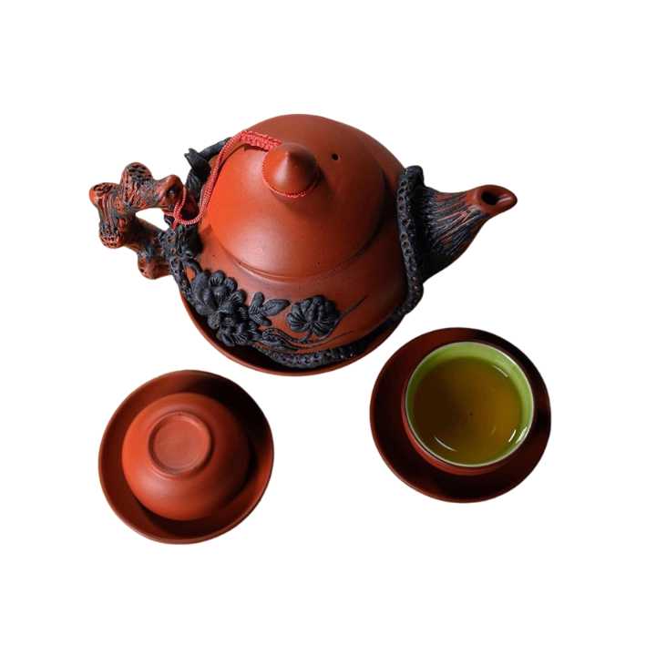Bộ ấm chén gốm Tử Sa Bát Tràng đắp nổi hoa Phù Dung