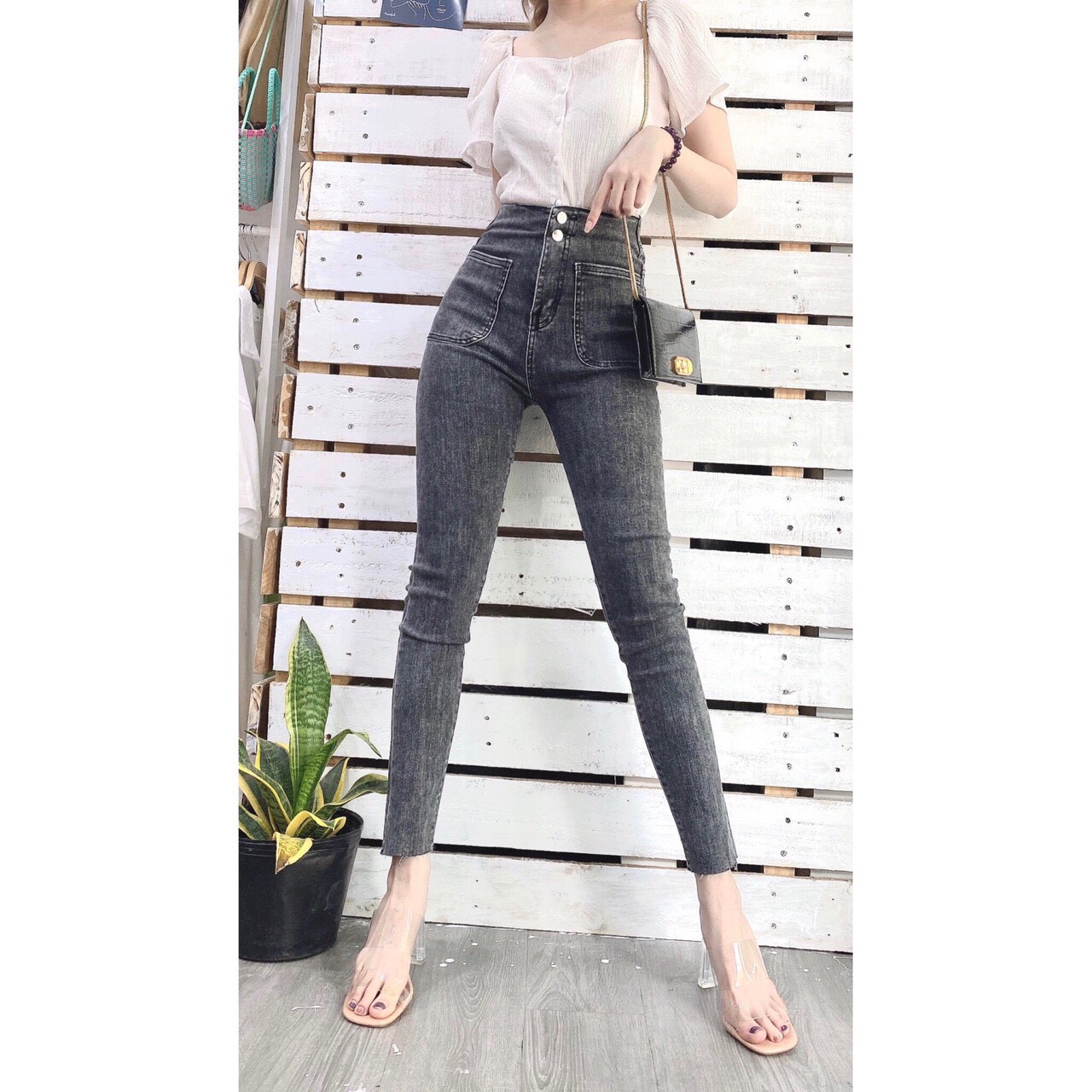 Quần Jean Nữ Lưng Cao 2 CÚC TRƯỚC HAI TÚI BẦU XÁM siêu đẹp chất jean giãn tốt K dai --d5/1