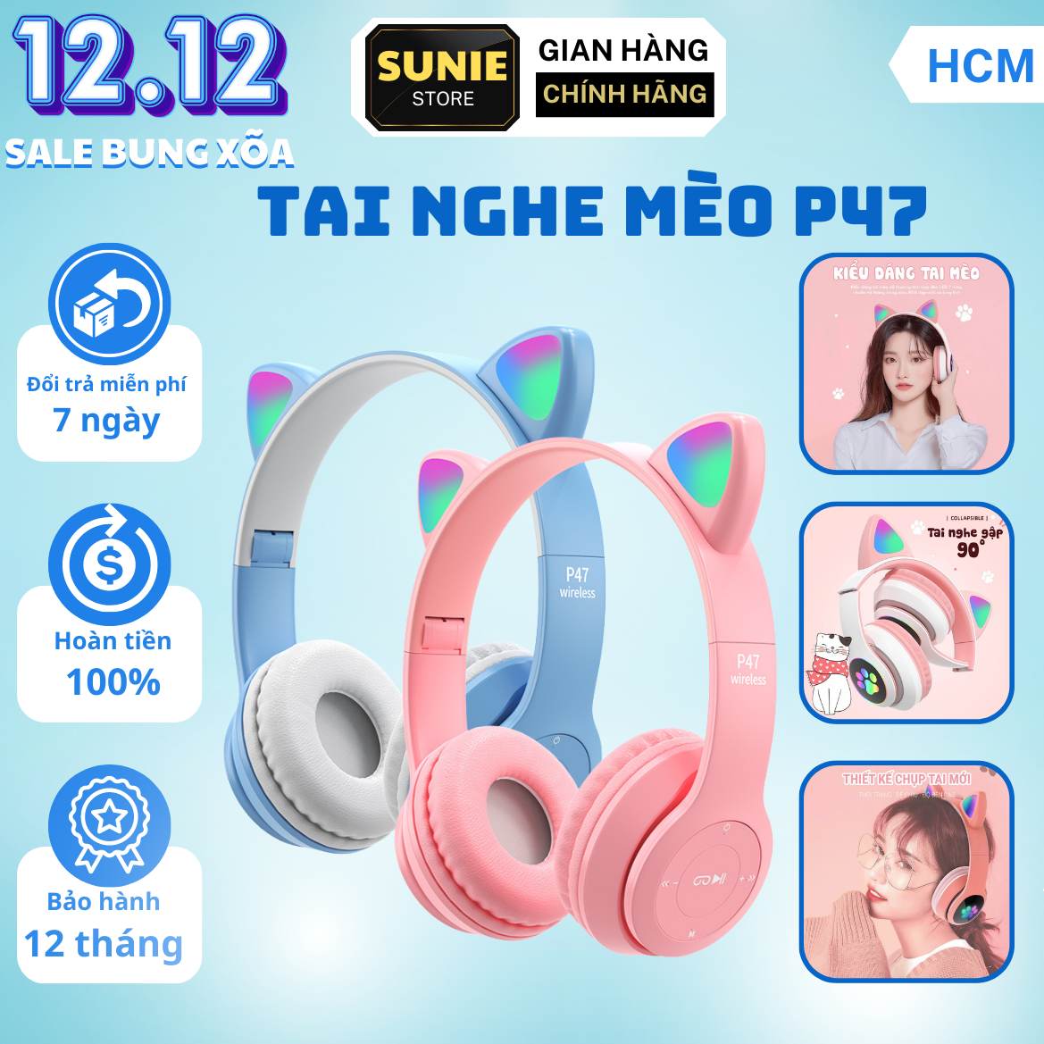 Tai Nghe Không Dây Kết Nối Bluetooth P47 Có Khe Cắm Thẻ Nhớ, Tai Nghe Chụp Tai Bluetooth Mèo Dễ Thương Có Mic, Tai Nghe Chụp Tai Không Dây Âm Bass Mạnh Mẽ Và Dung Lượng Pin Khủng 400mAh, Tai Nghe Chụp Bluetooth