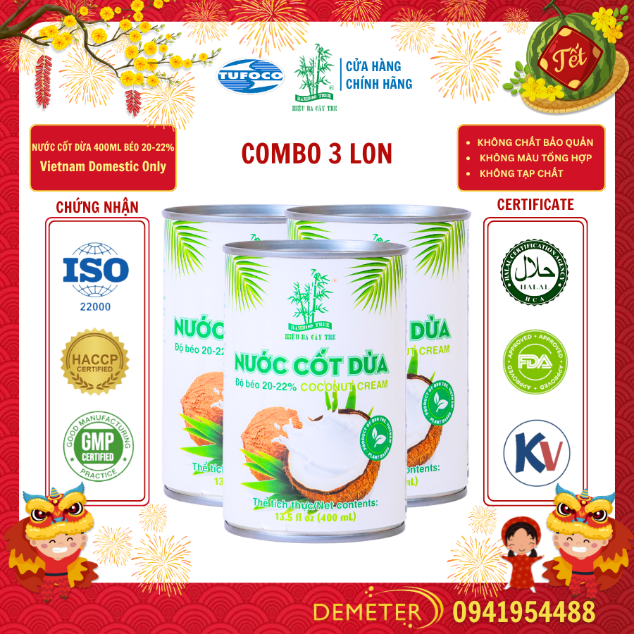 Combo 3 Nước Cốt Dừa Ba Cây Tre Cream Béo 20-22% 400Ml X3