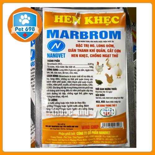 Hen khẹc- Marbrom đặc trị ho, long đờm, giãn thanh khí quản, cắt cơn hen khẹc, chống ngạt thở ở gà, vịt, ngan, cút