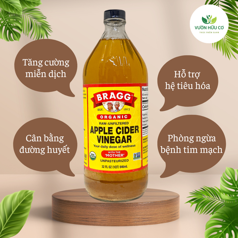 Giấm táo hữu cơ bragg chai 473ml & 946ml hàng mỹ date 2027