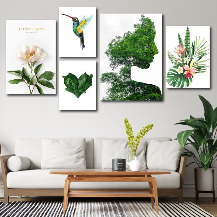 Lalashop - Bộ 5 tấm tranh treo tường phòng khách có khung cao cấp LaLaShop Tranh Lá Xanh Mẫu: TG1257 Tranh treo tường 3D hiện đại